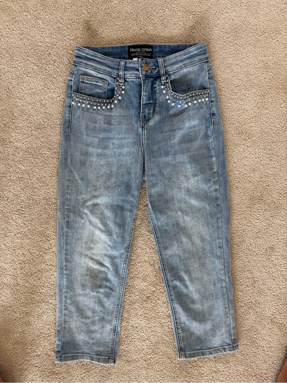 Frank Lyman Design Light Blue Cropped Jeans with Crystal Studs and Pearls